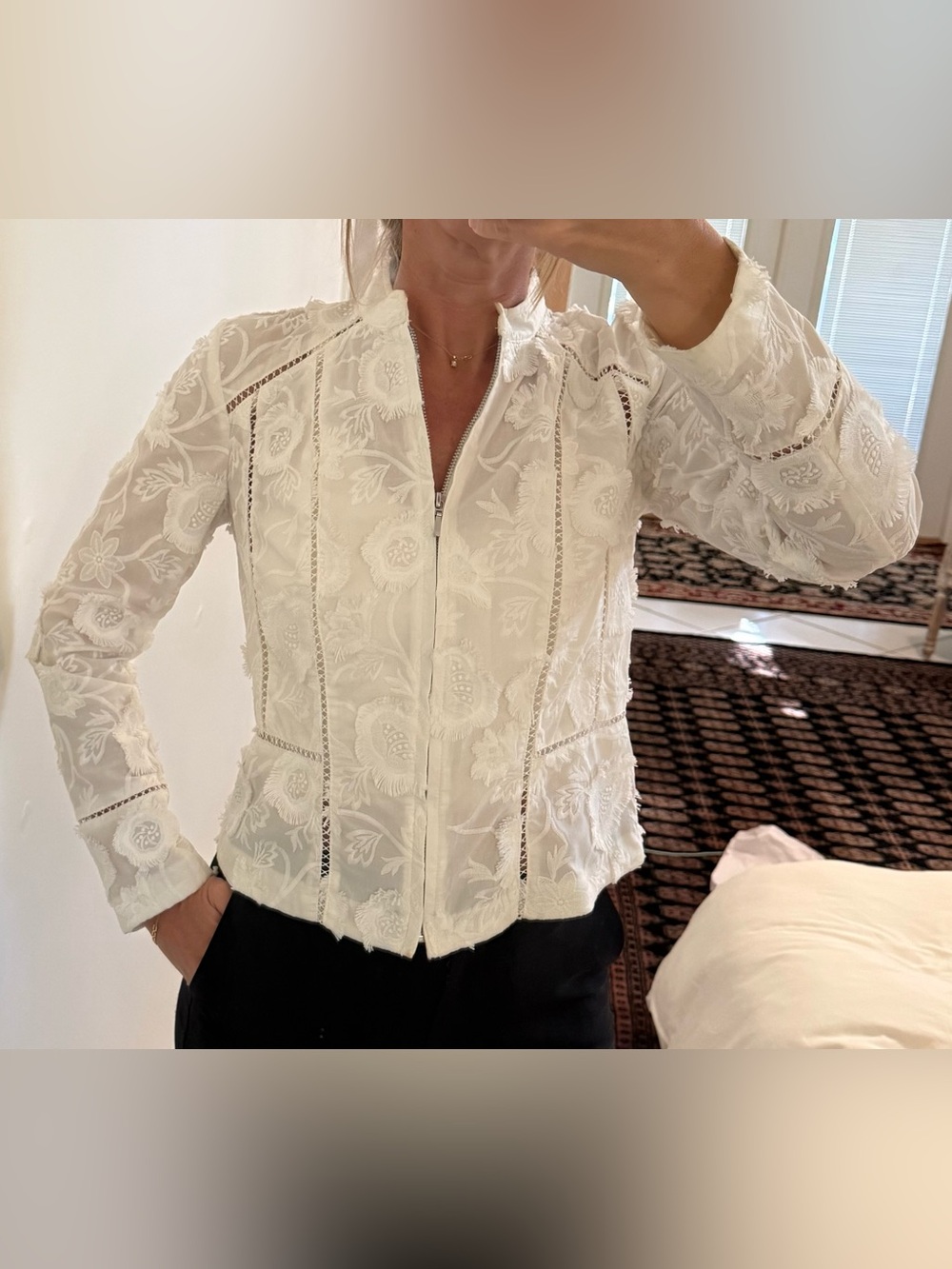 INC International Concepts White Embroidered Zip-Front Blouse